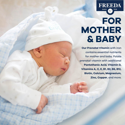 FREEDA Prenatal Vitamins for Pregnant Women – 100 Tablets | Supports Mother & Baby Nutrition – Includes Methylfolate, Calcium, & Essential Nutrients – Vegan, Kosher, Easy-to-Swallow