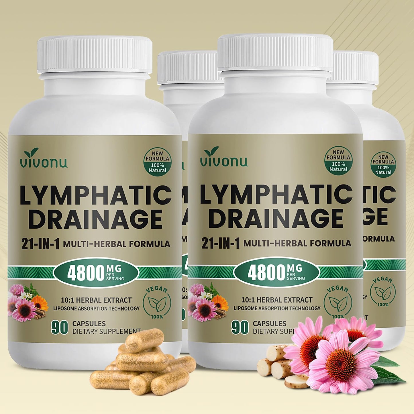 21-in-1 Liposome Lymphatic Drainage Supplements, 90 Day Supply, 4800mg Immune & Lymph System Support, 10:1 Concentrated Technology, Echinacea, Dandelion, Burdock, Bromelain, Calendula, 2 Bottle