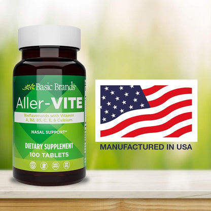 Basic Brands Aller Vite Nasal Support Tablets, 100 Tablets | Seasonal Allergy Relief, High Bioflavonoid Complex with Vitamins and Calcium, Gluten Free, Daily Supplement