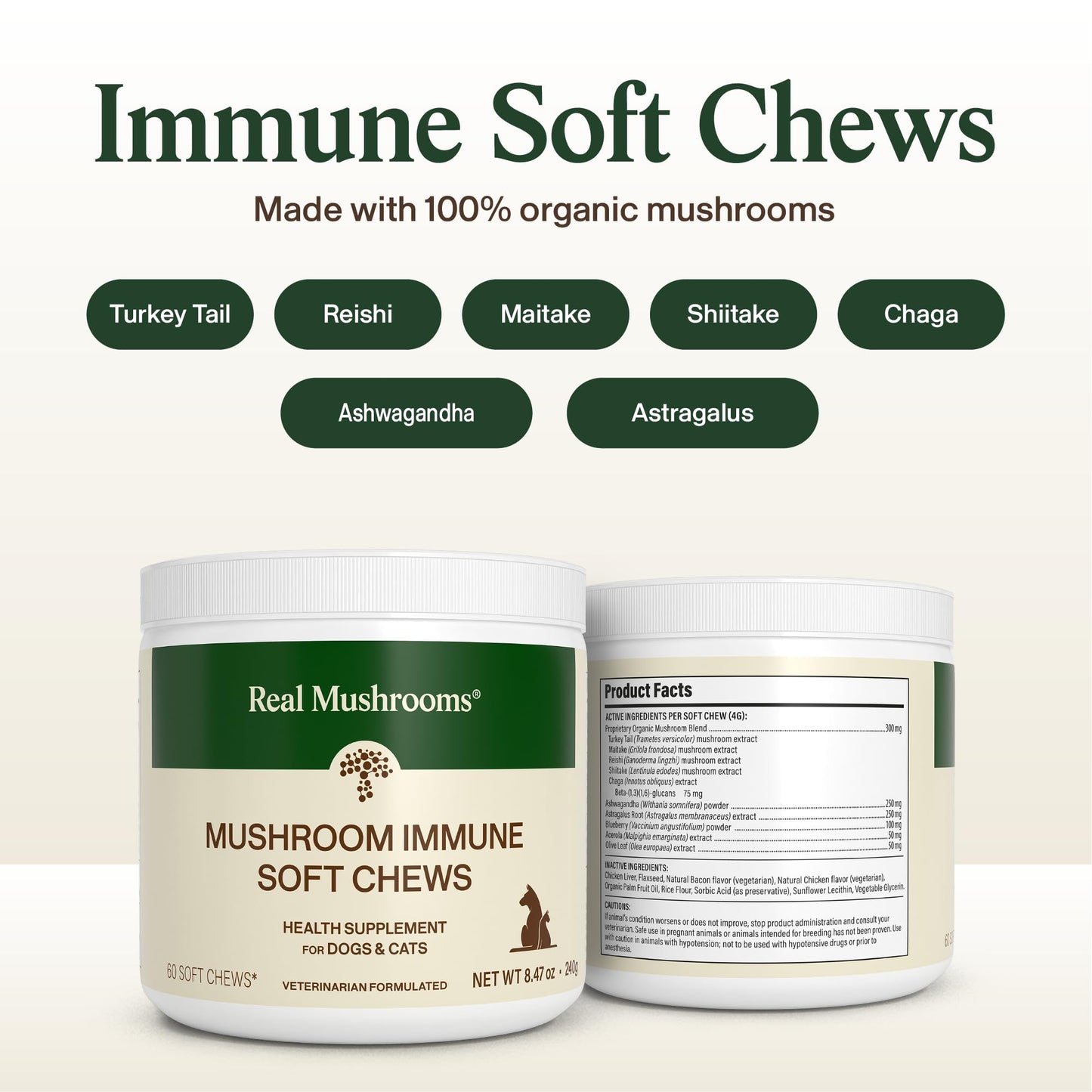 Real Mushroom Immune Pet Chews – For Daily Digestive & Immune Health – Mushrooms for Dogs & Cats Functional Treat – Mushroom Supplement for Dogs & Cats – 1 to 4 Chews For All Breeds & Sizes (60 Count)