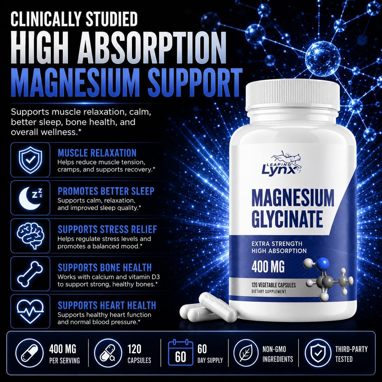 Magnesium Glycinate 400mg per Serving (60mg Elemental Magnesium) – 90 Capsules, High Absorption Chelated Magnesium Supplement for Sleep, Calm, Muscle Recovery & Nervous System Support