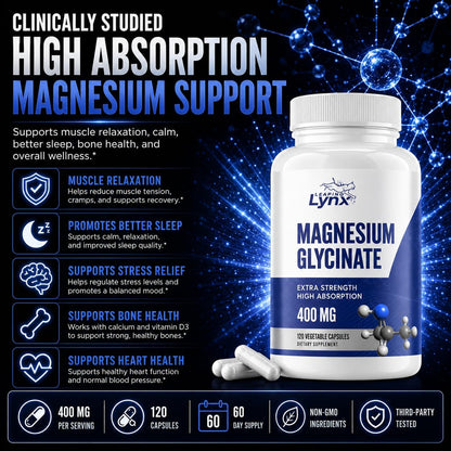 Magnesium Glycinate 400mg per Serving (60mg Elemental Magnesium) – 90 Capsules, High Absorption Chelated Magnesium Supplement for Sleep, Calm, Muscle Recovery & Nervous System Support