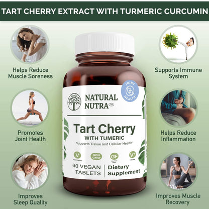 Natural Nutra Tart Cherry Extract with Turmeric Curcumin, Helps Reduce Muscle Soreness, Supports Immune System, Promote Joint Health, Improves Sleep Quality, Vegan, Vegetarian, Gluten Free, 60 Tablets