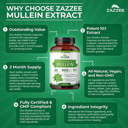 Zazzee Extra Strength Mullein Leaf 10:1 Extract, 120 Vegan Capsules, 4 Month Supply, Verbascum Thapsus, Respiratory & Lung Support, Certified Kosher, 100% Pure Leaf Powder, Non-GMO, Made in the USA