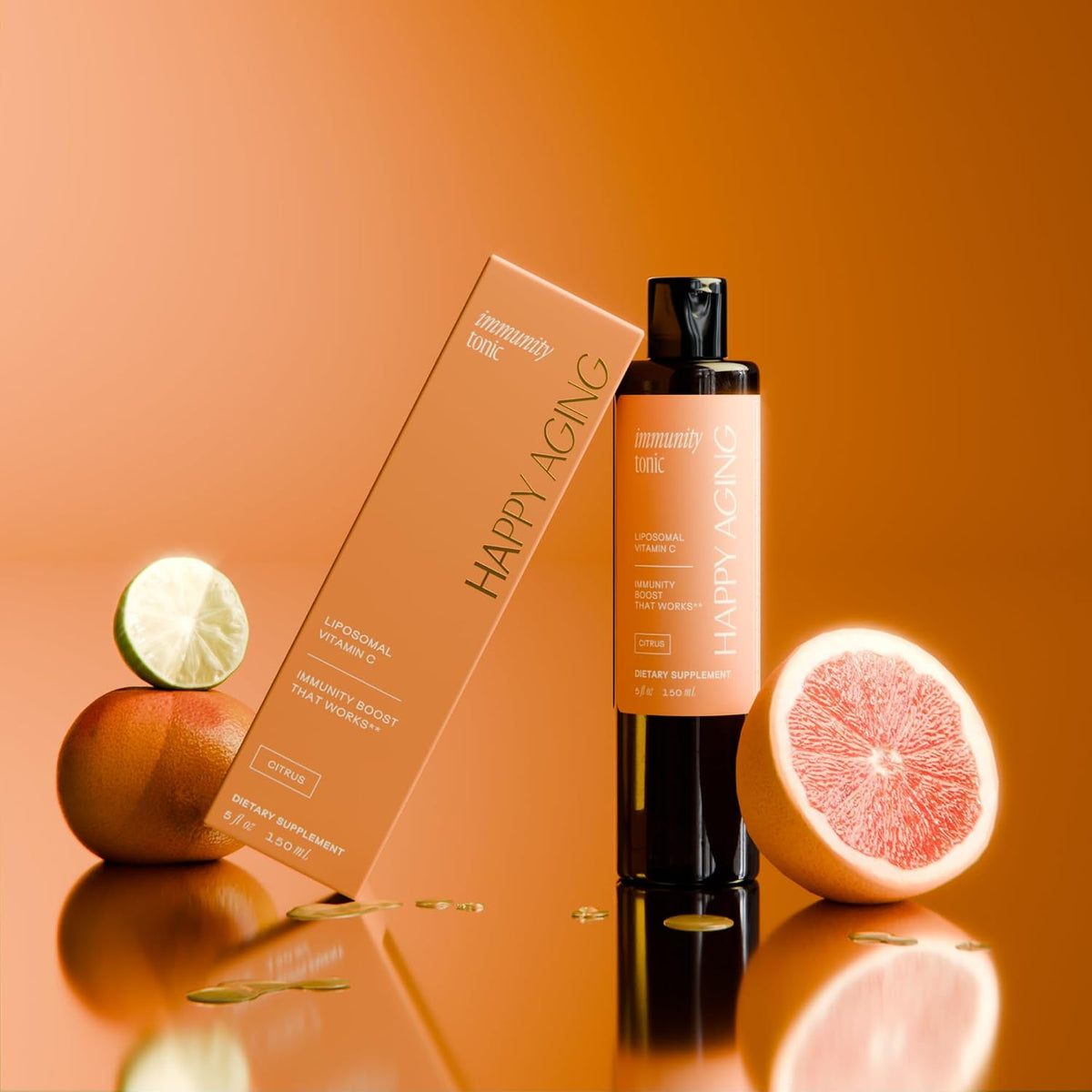 Happy Aging Immunity Tonic | Liposomal Vitamin C Supplement | Immune Defense, Antioxidant Protection & Daily Energy | Citrus Flavor, 1000mg, 150ml