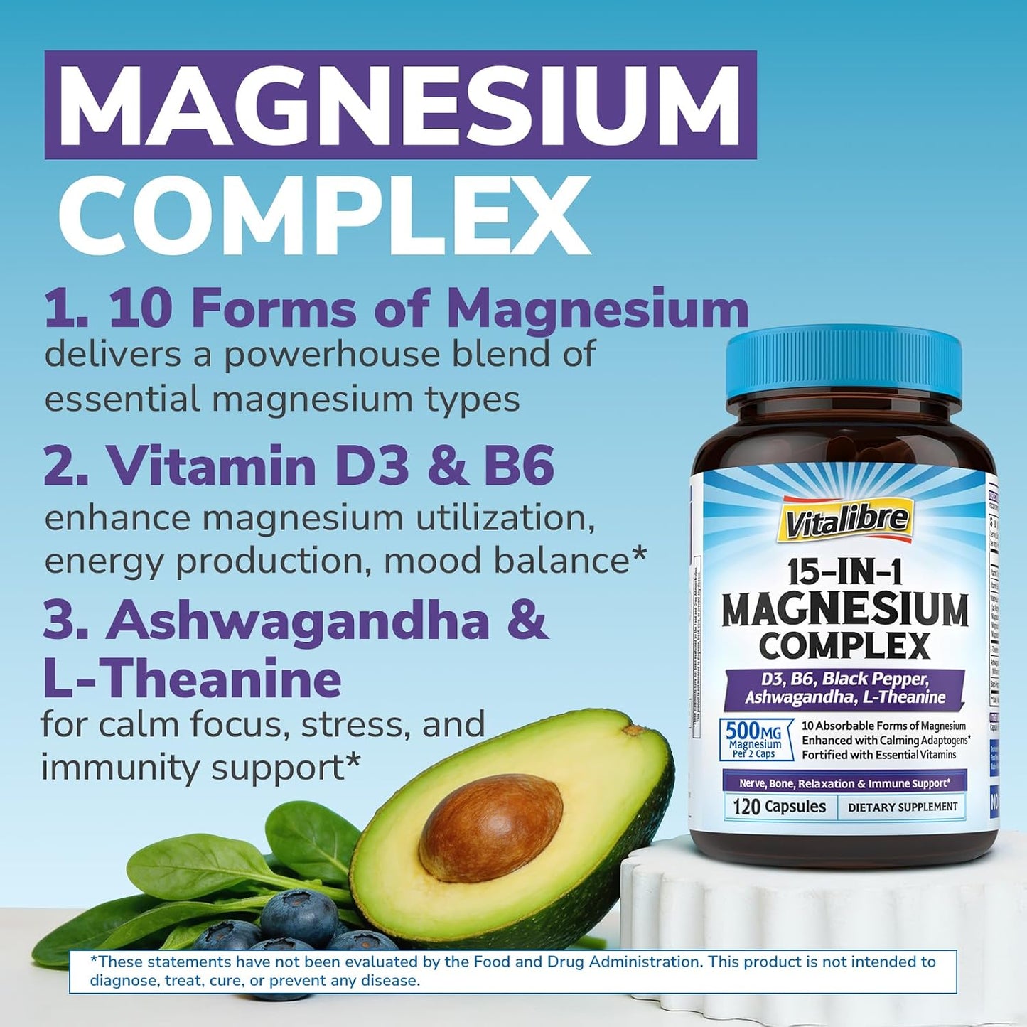 Vitalibre 15 in 1 Magnesium Complex for Women Men, 120 Vegan Capsules | Magnesium Glycinate, Malate, Taurate and More, with Ashwagandha, L-Theanine, Vitamin D3 & B6, Relaxation, Bone, Nerve Support
