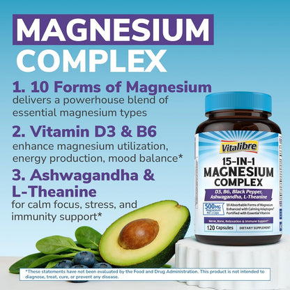 Vitalibre 15 in 1 Magnesium Complex for Women Men, 120 Vegan Capsules | Magnesium Glycinate, Malate, Taurate and More, with Ashwagandha, L-Theanine, Vitamin D3 & B6, Relaxation, Bone, Nerve Support