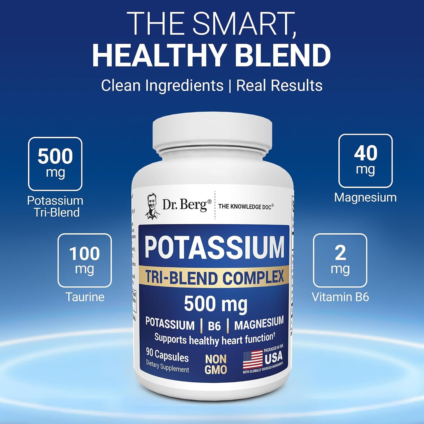 Dr. Berg Potassium Tri-Blend Complex – 500 mg Potassium Supplement for Muscle & Nerve Support* – Maximum Strength Potassium Formula w/Magnesium, B6 & Taurine – 90 Capsules