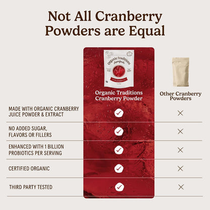 Organic Traditions Cranberry Powder, Organic Cranberry Juice Powder with Cranberries and Probiotics, No Added Sugar, Plant-Based Powder for Smoothies and Recipes, Vegan Non-GMO, 100g / 3.5oz Bag