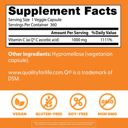 Doctor's Best Vitamin C 1000mg Supplement for Men & Women - Vegan Vitamin C Capsules as Q-C Ascorbic Acid, Immune Health Support for Adults, Non GMO, Gluten Free, Soy Free - 120 Veg Caps