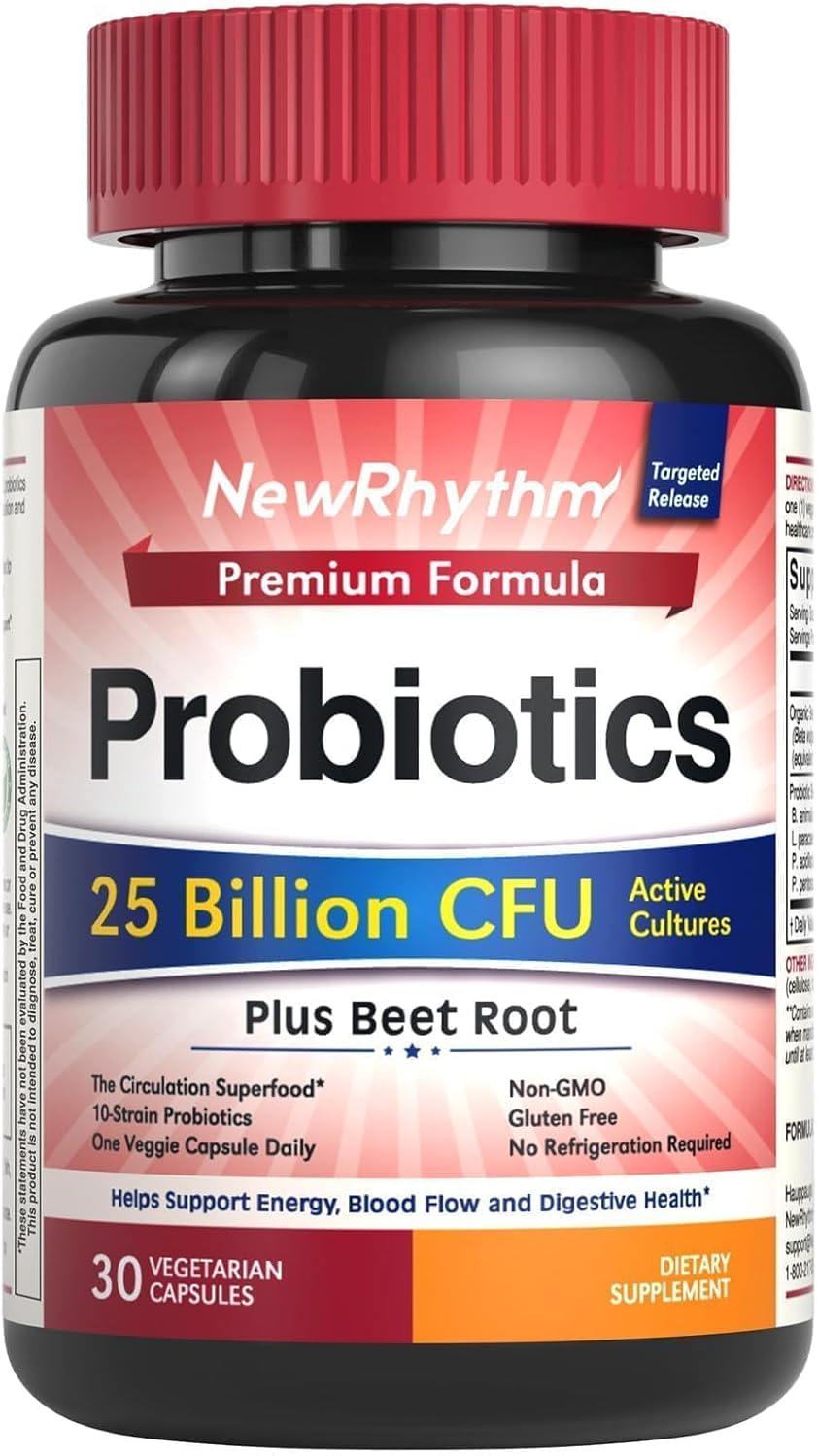 NewRhythm Probiotics for Women & Men 25 Billion CFU, with Organic Beet Root Extract, Nitric Oxide, Circulation, Energy & Heart Health, All Natural, Vegan, Non-GMO, 30 Caps