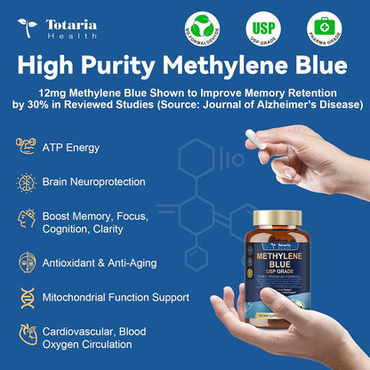 USP Methylene Blue Pharmaceutical Grade, Vitamin C Ester, Bacopa, Phosphatidylserine, Omega-3 Fatty Acids - 13 in 1 Upgrade Patented Brain Formula - Memory, Focus, Clarity, Cognitive, 120 Count