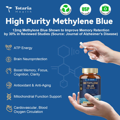 USP Methylene Blue Pharmaceutical Grade, Vitamin C Ester, Bacopa, Phosphatidylserine, Omega-3 Fatty Acids - 13 in 1 Upgrade Patented Brain Formula - Memory, Focus, Clarity, Cognitive, 120 Count
