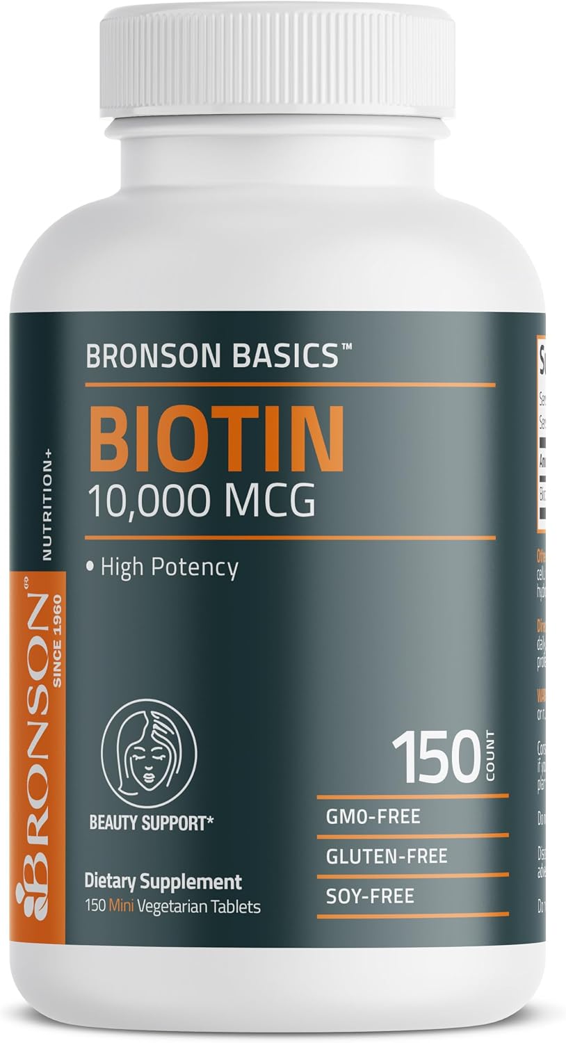 Bronson Biotin 10,000mcg Hair Skin and Nails Vitamins, 150 Tablets | Vegetarian Beauty Support, Non-GMO, Gluten-Free, Soy-Free, Supports Healthy Hair, Skin and Nails
