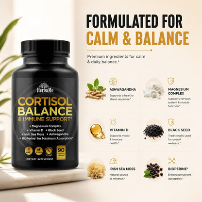 HerbaMe Stress Support Supplement for Calm Mood & Balanced Energy – Supports Healthy Cortisol Levels & Nervous System Function – Ashwagandha, Magnesium, Vitamin D, Black Seed, Sea Moss, 90 Capsules