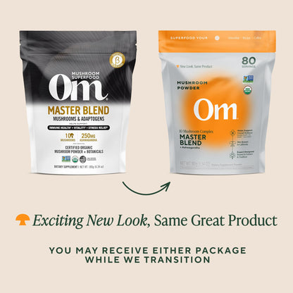 Om Master Blend Mushroom Powder – Organic Mushroom Supplement with 10 Mushrooms and Ashwagandha - Support Immunity, Gut Health & Stress Relief, 3.17 oz (40 Servings)