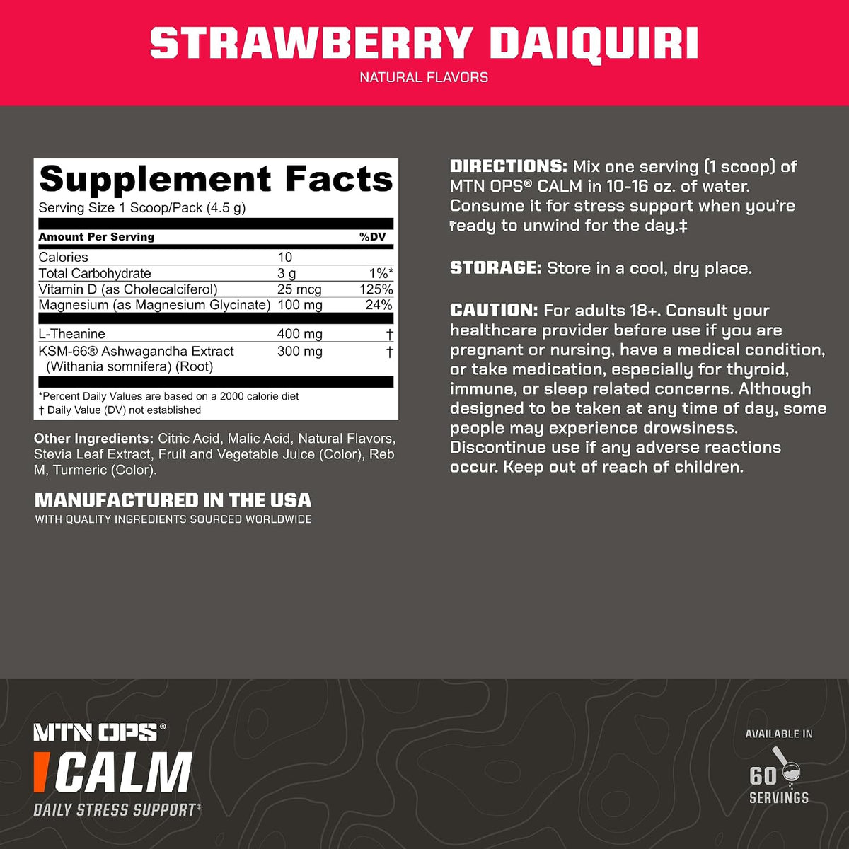 MTN OPS Calm Stress Support Powder, Strawberry Daiquiri, 60 Servings