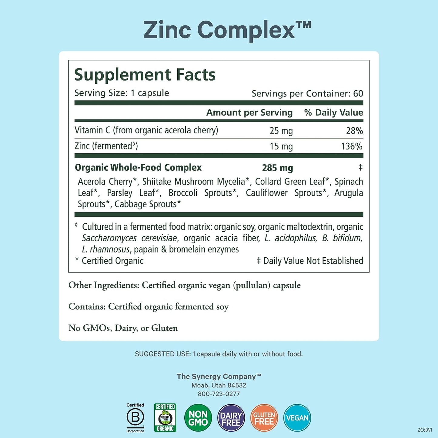 PURE SYNERGY Zinc Complex | Immune Support Supplement | Natural, Vegan Zinc Complex with Vitamin C and Organic Whole Foods | for Immune, Brain, and Skin Health (60 Capsules)