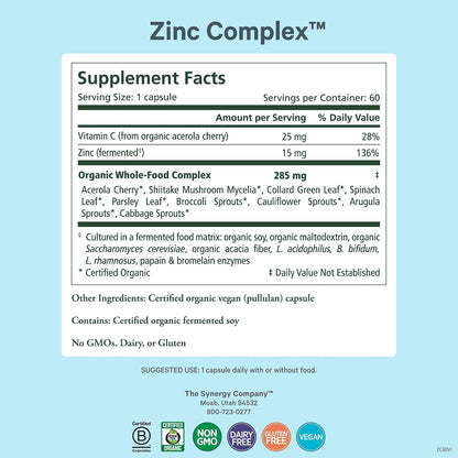 PURE SYNERGY Zinc Complex | Immune Support Supplement | Natural, Vegan Zinc Complex with Vitamin C and Organic Whole Foods | for Immune, Brain, and Skin Health (60 Capsules)