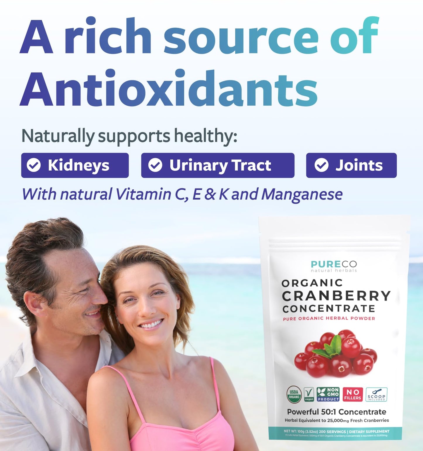 PURE CO USDA Organic Cranberry Concentrate Powder - Organic Cranberry Powder 500mg 50:1 Extract Per 1 Scoop Serving - Kidney Cleanse & Urinary Tract Support for Women - 100 Servings