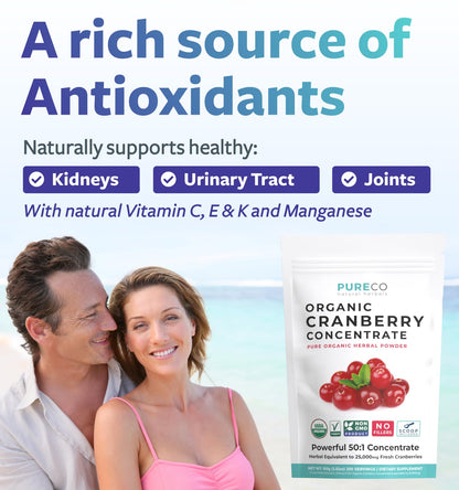 PURE CO USDA Organic Cranberry Concentrate Powder - Organic Cranberry Powder 500mg 50:1 Extract Per 1 Scoop Serving - Kidney Cleanse & Urinary Tract Support for Women - 100 Servings