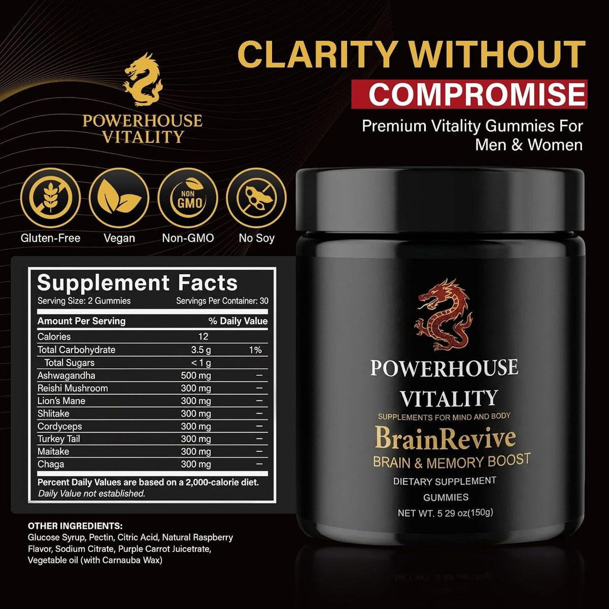 BrainRevive Lion's Mane Mushroom Gummies for Adults - Brain Supplement Gummies for Memory and Focus, Nootropic Brain Health, Ashwagandha, Reishi, Cordyceps, Vegan, 60 Count