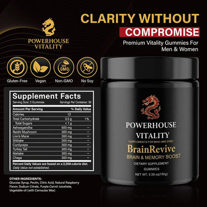 BrainRevive Lion's Mane Mushroom Gummies for Adults - Brain Supplement Gummies for Memory and Focus, Nootropic Brain Health, Ashwagandha, Reishi, Cordyceps, Vegan, 60 Count