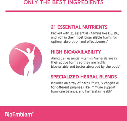BioEmblem Women's Multivitamin - 21 Active Vitamins & Minerals - 90 Caps | Complete Daily Multi With Vitamin A, B12, B6, D3, Magnesium & Veggie Blends For Immunity, Energy, Hair, & Skin Support