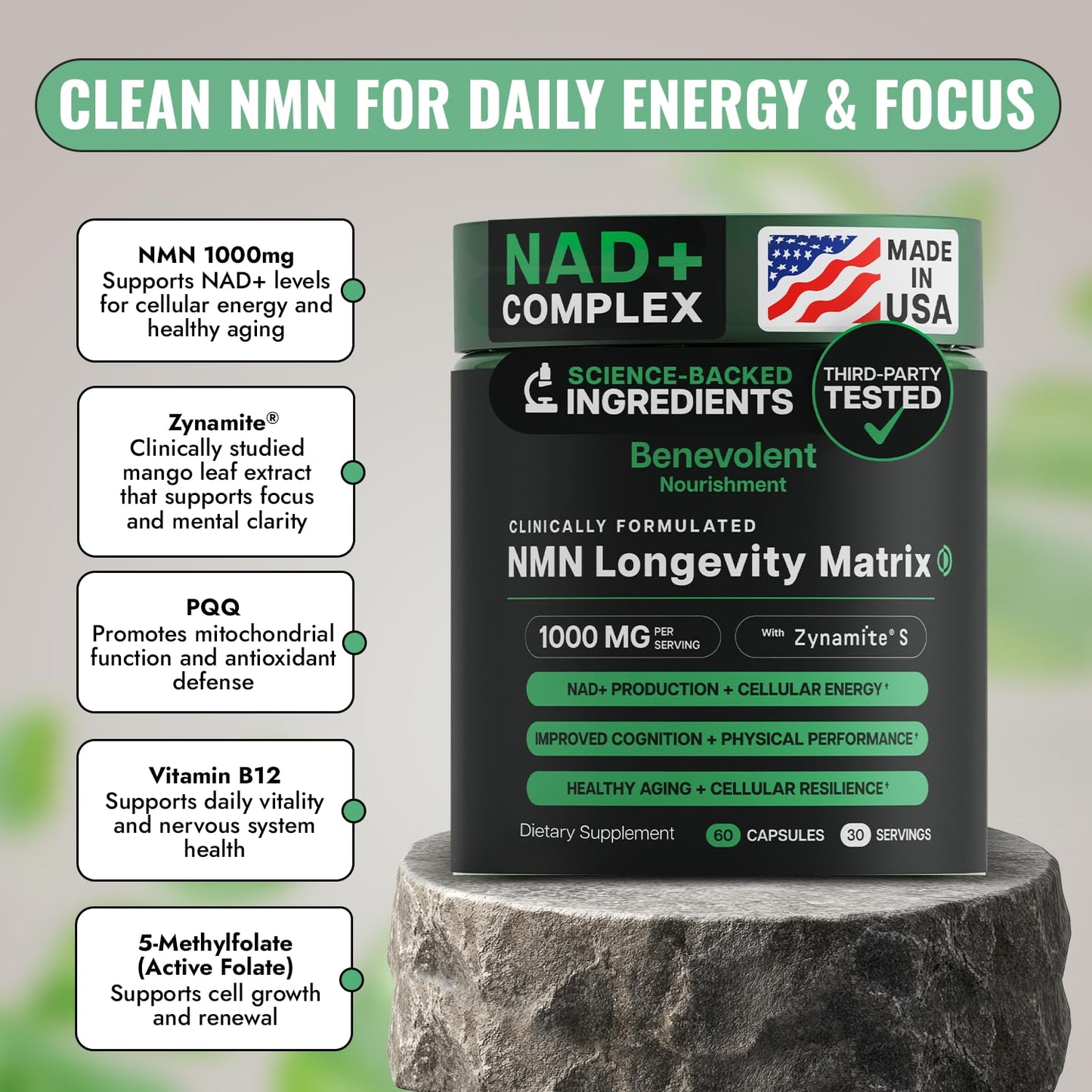 Benevolent NAD+ Supplement 1050mg, Max Absorption 3in1 NAD Supplements for Women & Men with Nicotinamide Riboside, Trans-Resveratrol & TMG, NAD Plus for Cellular Energy, Brain Support & Aging, 90 Caps