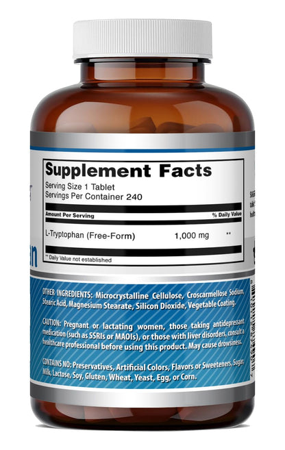 Amazing Formulas L-Tryptophan 1000mg Tablets Supplement | Non-GMO | Gluten Free | Made in USA (240 Count)