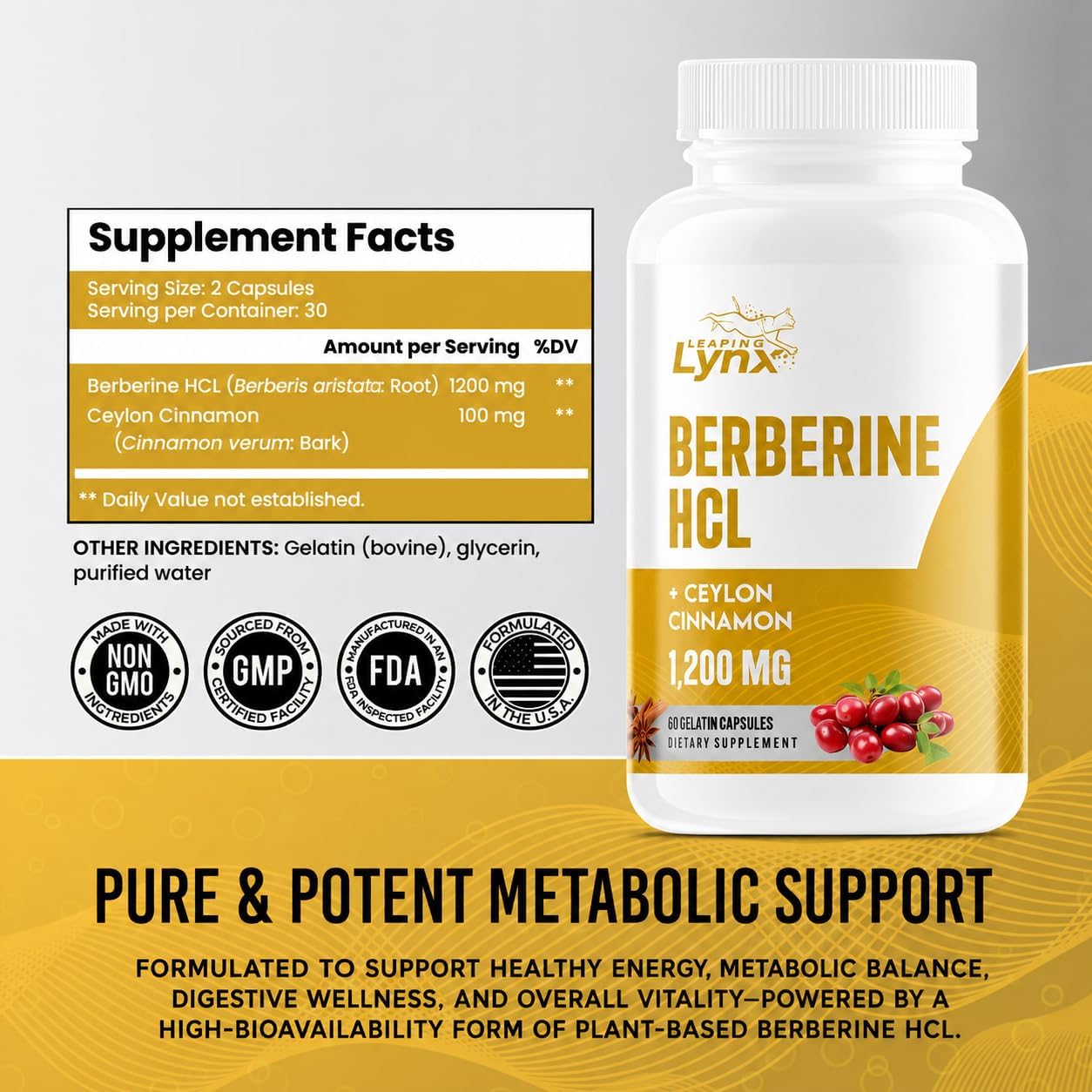 Berberine HCl 1200mg - 60 Capsules - High Absorption Berberine Supplement - Non-GMO, Gluten-Free & Third Party Tested - 30-Day Supply