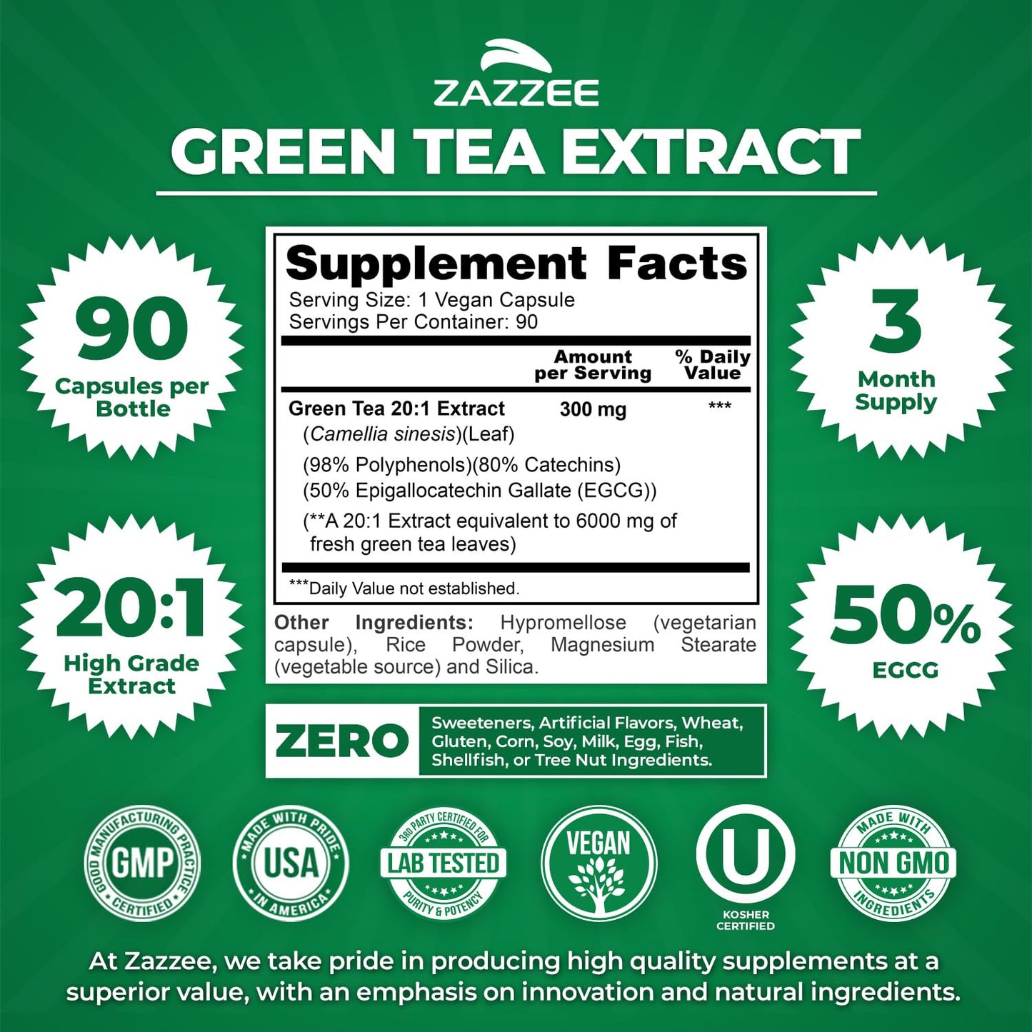 Zazzee Extra Strength Green Tea 20:1 Extract, 50% EGCG, 98% Polyphenols, 80% Catechins, 150 Vegan Capsules, 5 Month Supply, Certified Kosher, Antioxidant & Metabolism Support, Non-GMO, Made in the USA