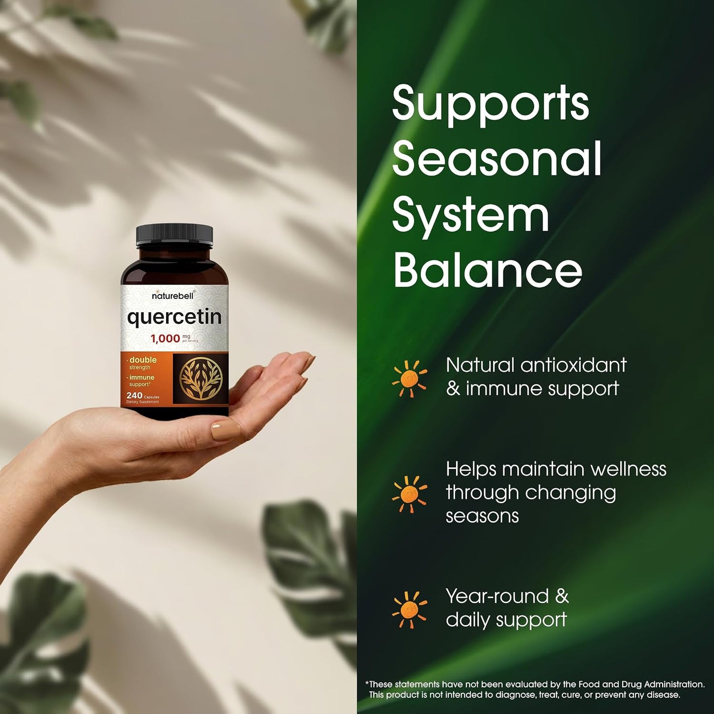 NatureBell Quercetin 1,000mg - 240 Capsules - Ultra Strength Supplement for Healthy Immune Support* - Quercetin Dihydrate from Sophora Japonica - 3rd Party Tested - Single-Ingredient Purity