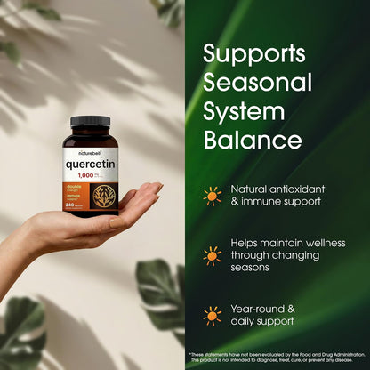 NatureBell Quercetin 1,000mg - 240 Capsules - Ultra Strength Supplement for Healthy Immune Support* - Quercetin Dihydrate from Sophora Japonica - 3rd Party Tested - Single-Ingredient Purity