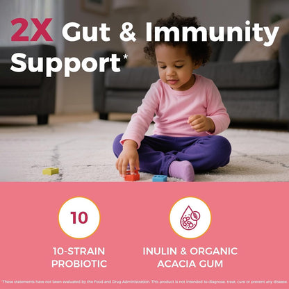 NewRhythm Kids Probiotic Chewables, 5 Billion CFU 10 Strains, with Prebiotic Fiber Inulin & Organic Acacia for Age 3+, Natural Peach Flavored, for Digestive & Immune Support, 30 Chewable Tablets