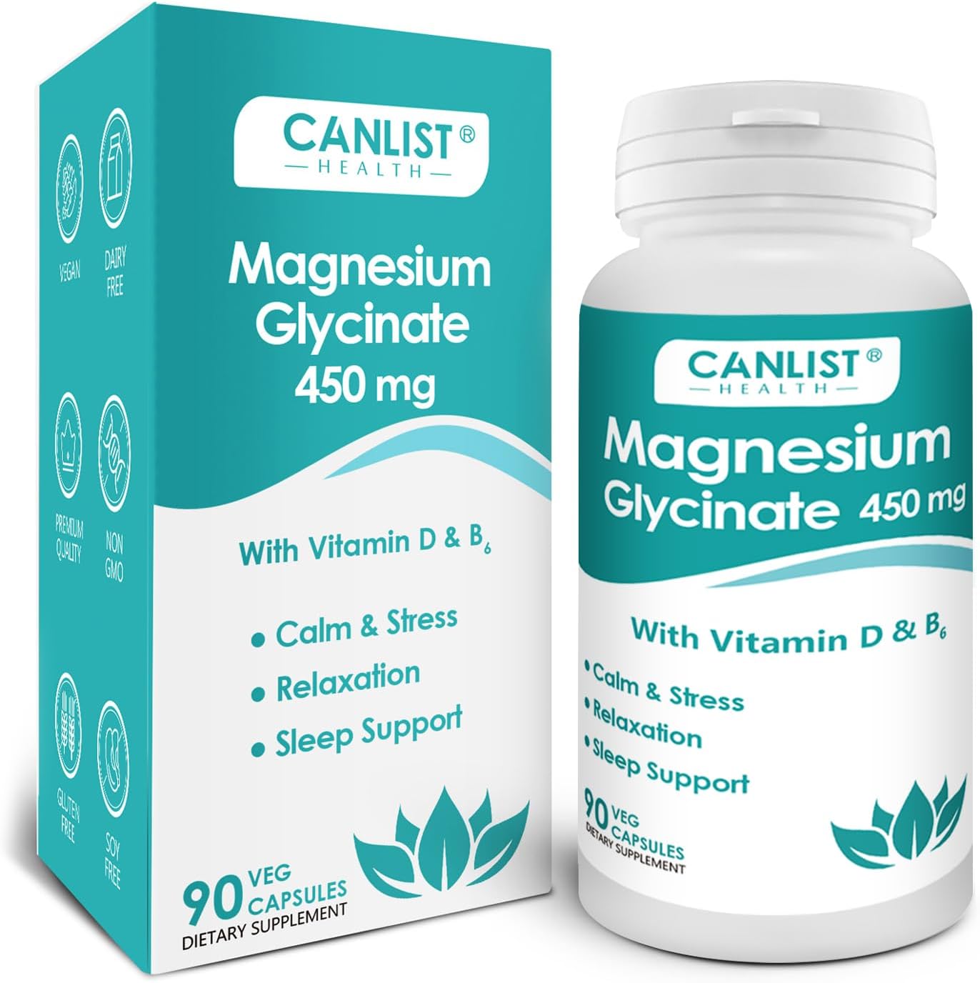 CANLIST Magnesium Glycinate Supplements 450mg for Bone & Muscle Health, Supports Deep Sleep, Muscle Relaxation & Stress Relief, High Absorption, Vegan, Non-GMO, 90 Capsules