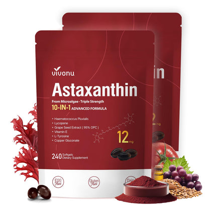 10 in 1 Astaxanthin 12mg Supplements, 4 Month Supply, Astaxantina Antioxidant from Fresh Haematococcus Pluvialis, Contains Lycopene, Grape Seed, Vitamin E, & More Supports Eye, Joints, Skin Health