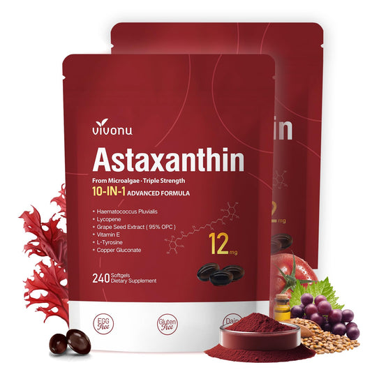 10 in 1 Astaxanthin 12mg Supplements, 4 Month Supply, Astaxantina Antioxidant from Fresh Haematococcus Pluvialis, Contains Lycopene, Grape Seed, Vitamin E, & More Supports Eye, Joints, Skin Health