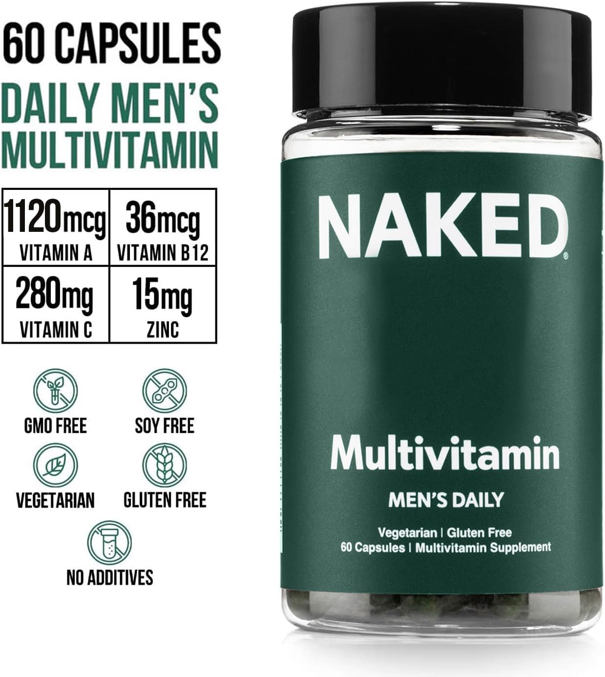 NAKED Men’s Multi – Daily Multivitamin for Men – A, C, E, Selenium, Zinc, Fruit and Super Green Extracts and More to Boost Immune Support – Gluten-Free and Vegetarian Daily Vitamins – 60 Capsules