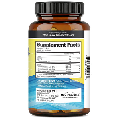 Triple Strength Omega 3 Fish Oil 3000mg for Women and Men, 90 Softgels