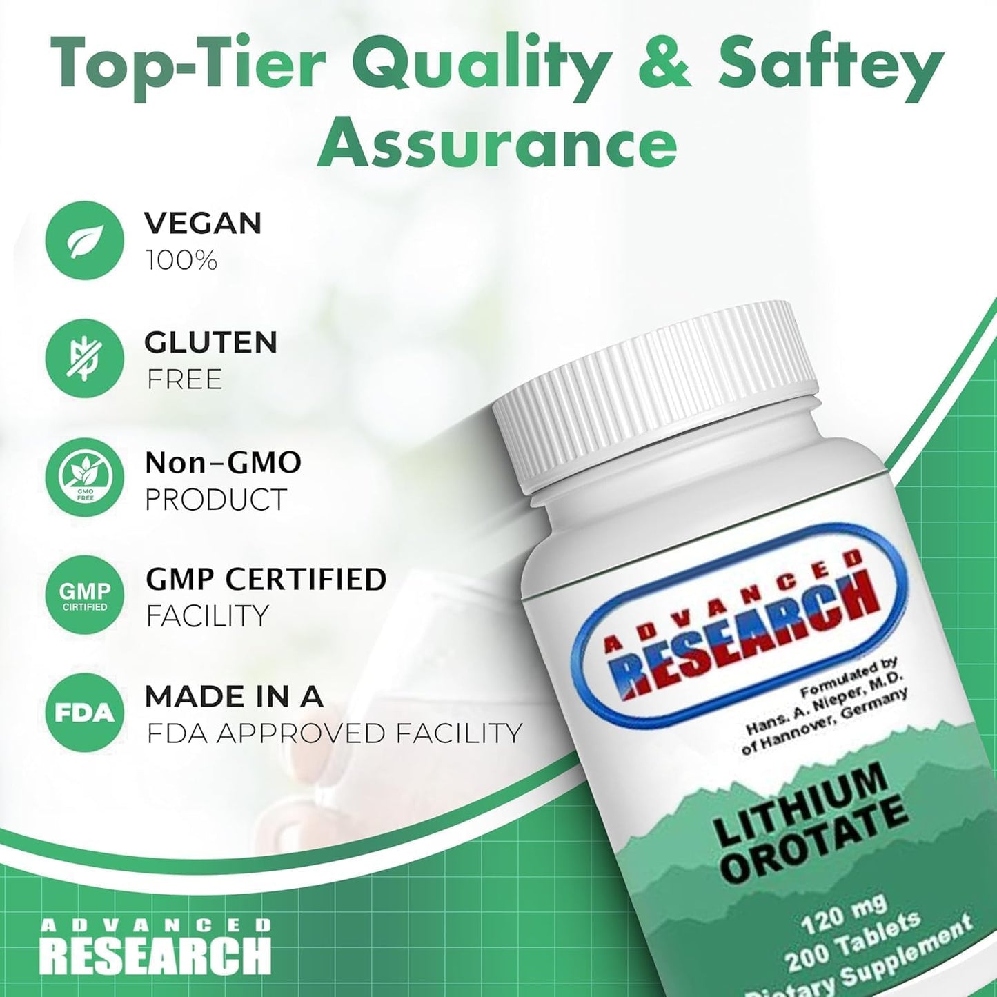 Nutrient Carriers Advance Research Lithium Orotate 120 Mg 200 Tablets(Pack of 2)