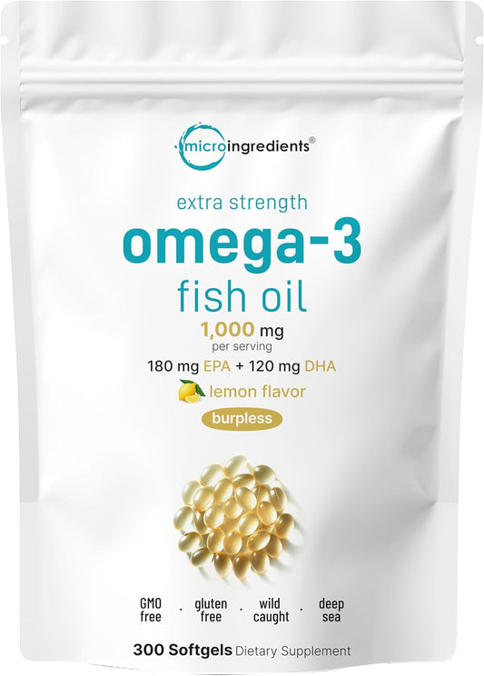 Micro Ingredients Extra Strength* Omega-3 Fish Oil Supplements 1,000mg Per Serving, 300 Softgels | Lemon Flavored | Burpless | EPA 180mg + DHA 120mg | Deep Sea Fish