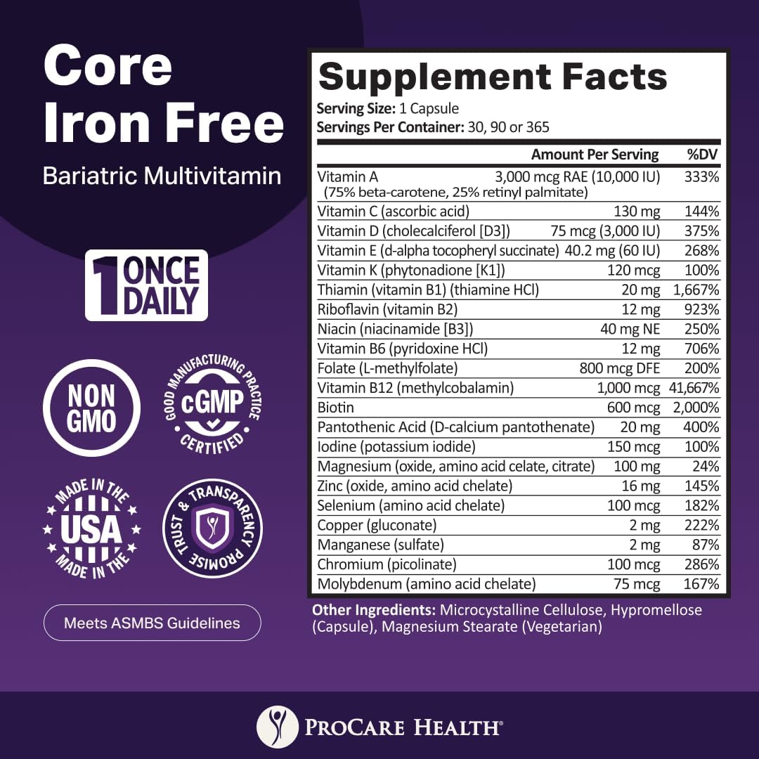 Core Iron Free Bariatric Multivitamin | Capsule | 30ct | Bariatric Vitamins for Gastric Sleeve & Gastric Bypass, Bariatric Multivitamin Without Iron, Fast Dissolving Veggie Capsules