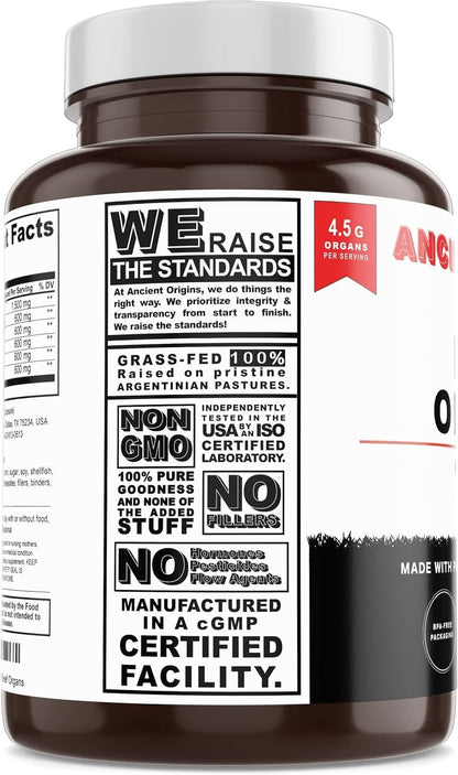 Ancient Origins Grass Fed Beef Organs Supplement 4500 mg - Desiccated Liver, Bone Marrow, Heart, Spleen, Pancreas & Kidney, Non-GMO, Gluten Free, Undefatted (180 Capsules, 750mg Each)