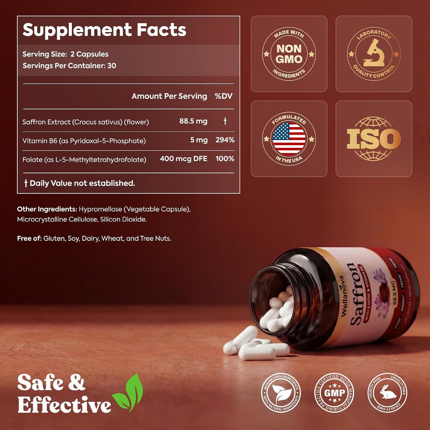 Saffron Supplements – 88.5 mg – 100% Pure Extract with Methylated Folate | Methylated Folate 5-MTHF & Vitamin B6, Mood, Focus, Vision & Energy Support, 60 Capsules