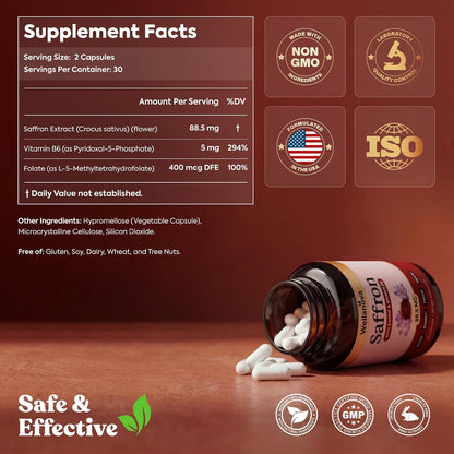 Saffron Supplements – 88.5 mg – 100% Pure Extract with Methylated Folate | Methylated Folate 5-MTHF & Vitamin B6, Mood, Focus, Vision & Energy Support, 60 Capsules