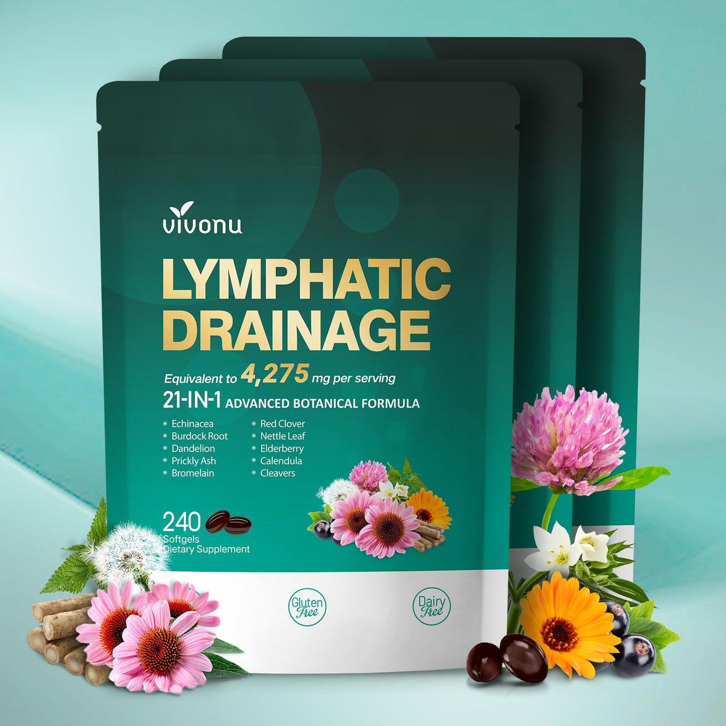 Lymphatic Drainage Supplements, 240 Softgels, Lymph System Support Supplement for Women & Men, 21-in-1 Herbal Blend with Echinacea, Dandelion, Burdock, Bromelain, Calendula, Turmeric & More, 1 Bag