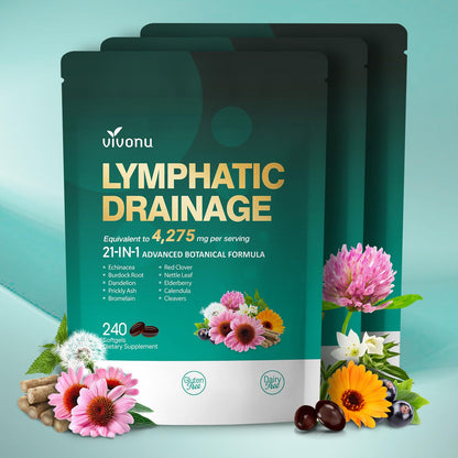 Lymphatic Drainage Supplements, 240 Softgels, Lymph System Support Supplement for Women & Men, 21-in-1 Herbal Blend with Echinacea, Dandelion, Burdock, Bromelain, Calendula, Turmeric & More, 1 Bag