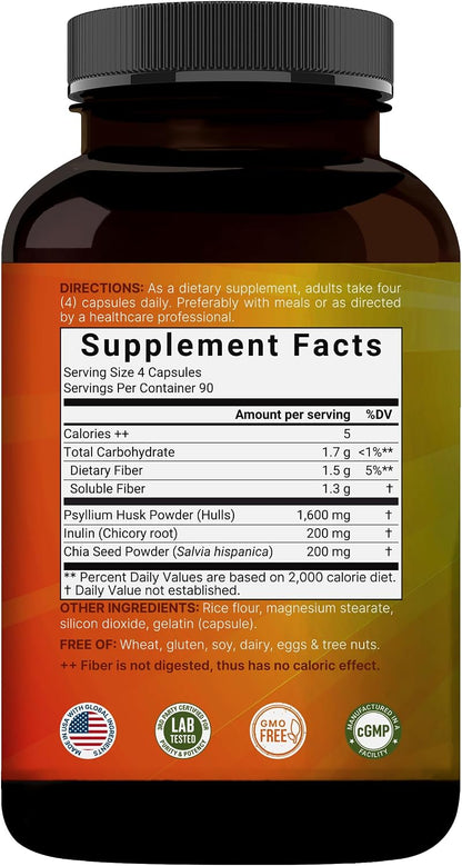 NatureBell Psyllium Husk Fiber Capsules 2,000mg Per Serving, 360 Caps | Soluble Fiber Supplement | 3-in-1 with Inulin & Chia Seed | Plant Based, Non-GMO, Gluten Free