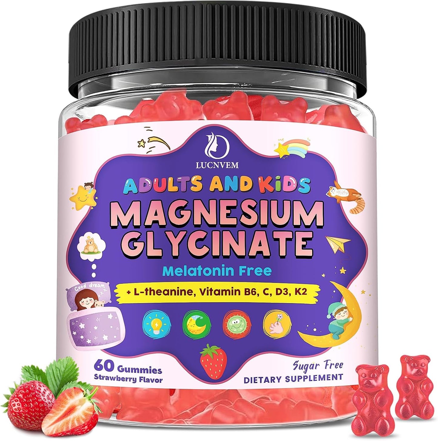Magnesium Glycinate Gummies for Kids 4+ & Adults- Magnesium Glycinate 150/300 mg for Natural Sleep, Relaxation & Calm Support, Melatonin Free, Sugar Free Strawberry Flavor, 60 Ct